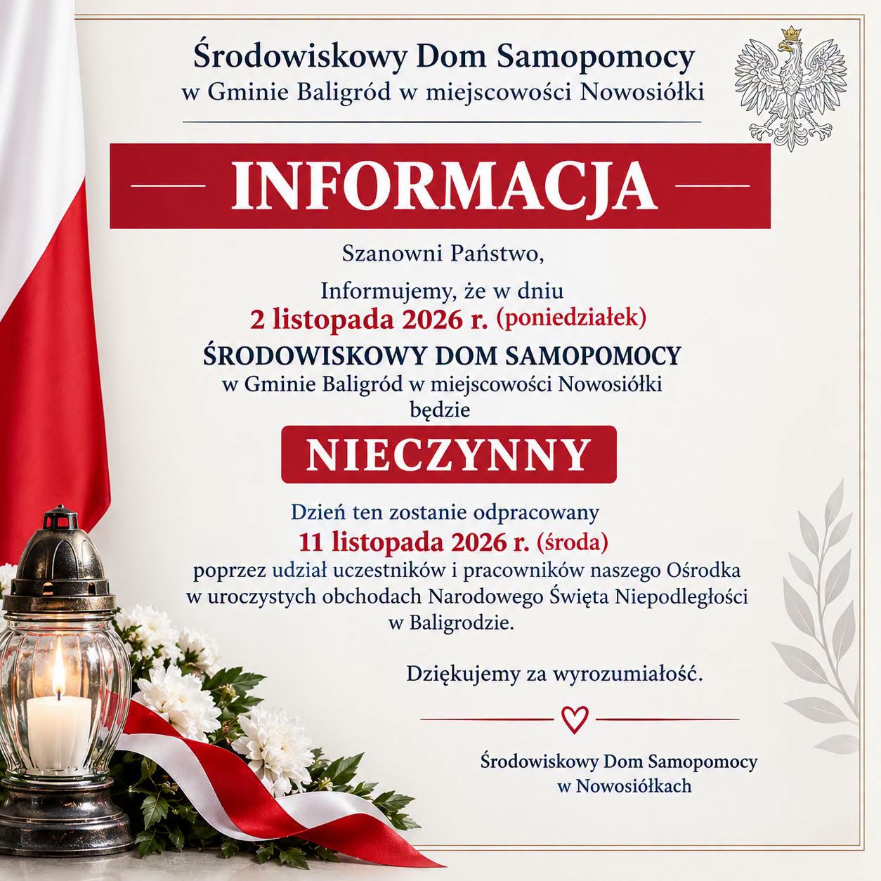 Informacja o dniu wolnym 11.11.2026 r.
