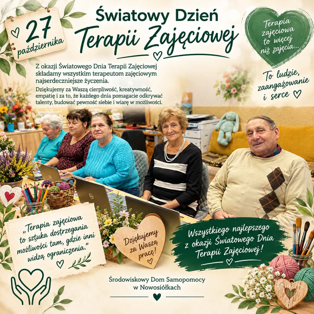 Na zdjęciu znajdują się życzenia z okazji Terapii Zajęciowej.