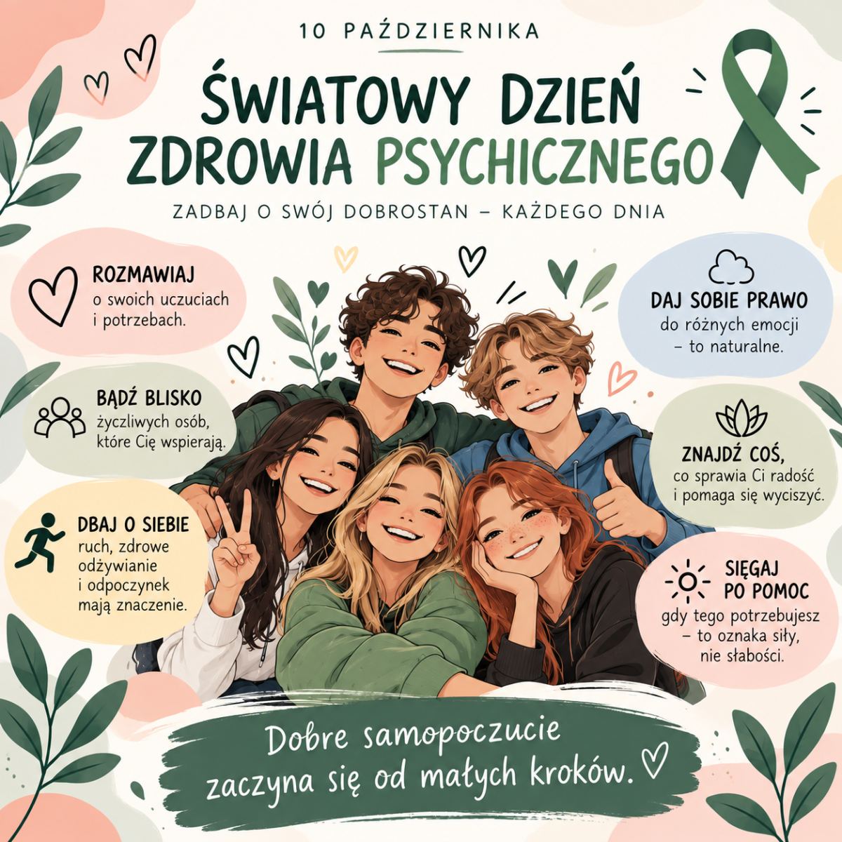 Grafika przedstawiająca zasady dbania o zdrowie psychiczne.